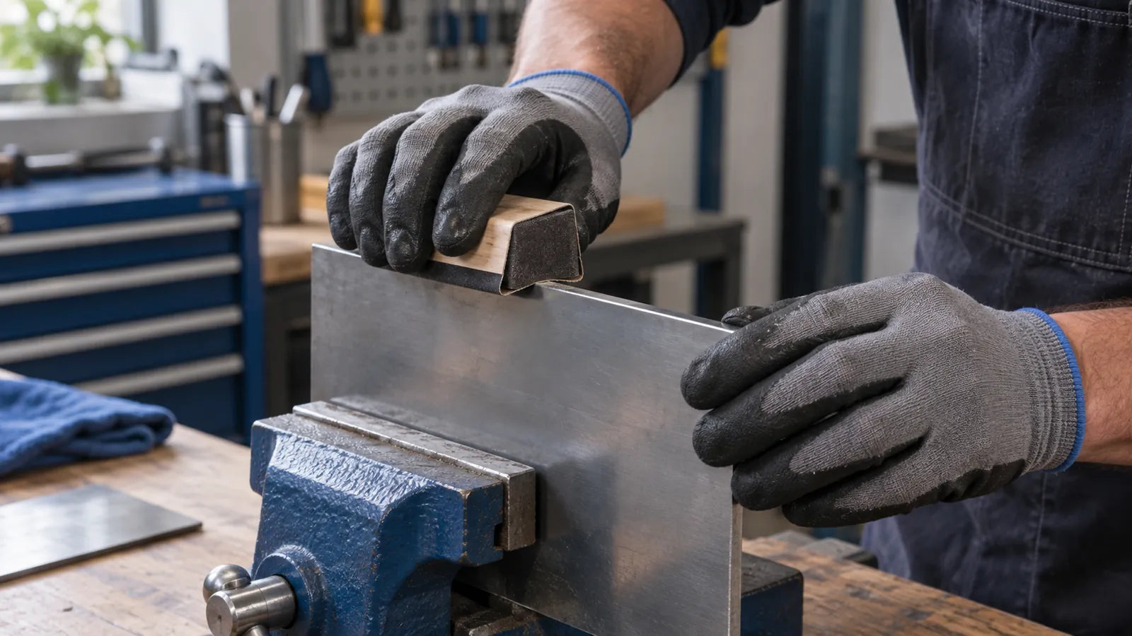 Supported abrasive working along the upper edge of a clamped metal sheet.