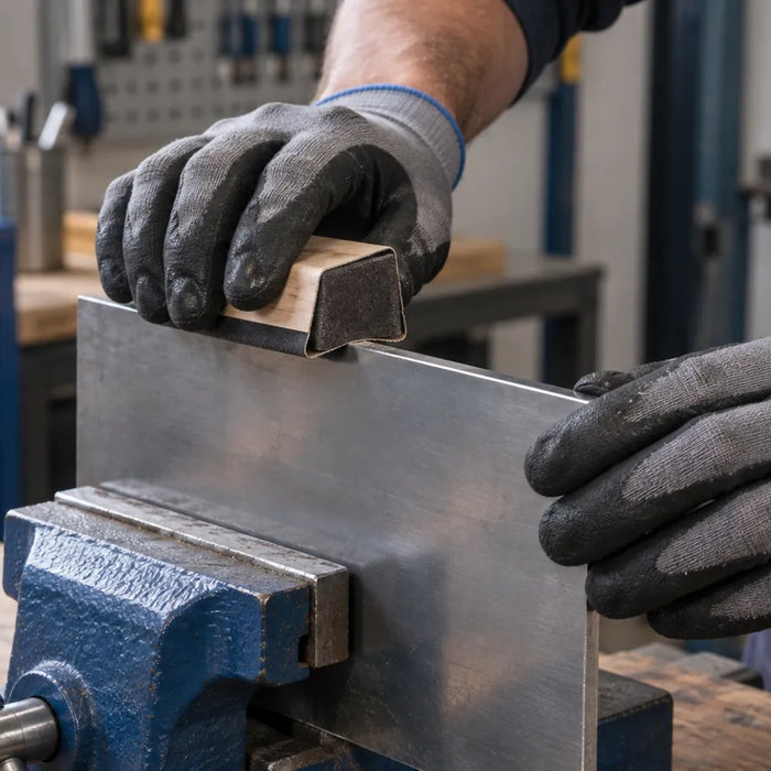 Supported abrasive working along the upper edge of a clamped metal sheet.