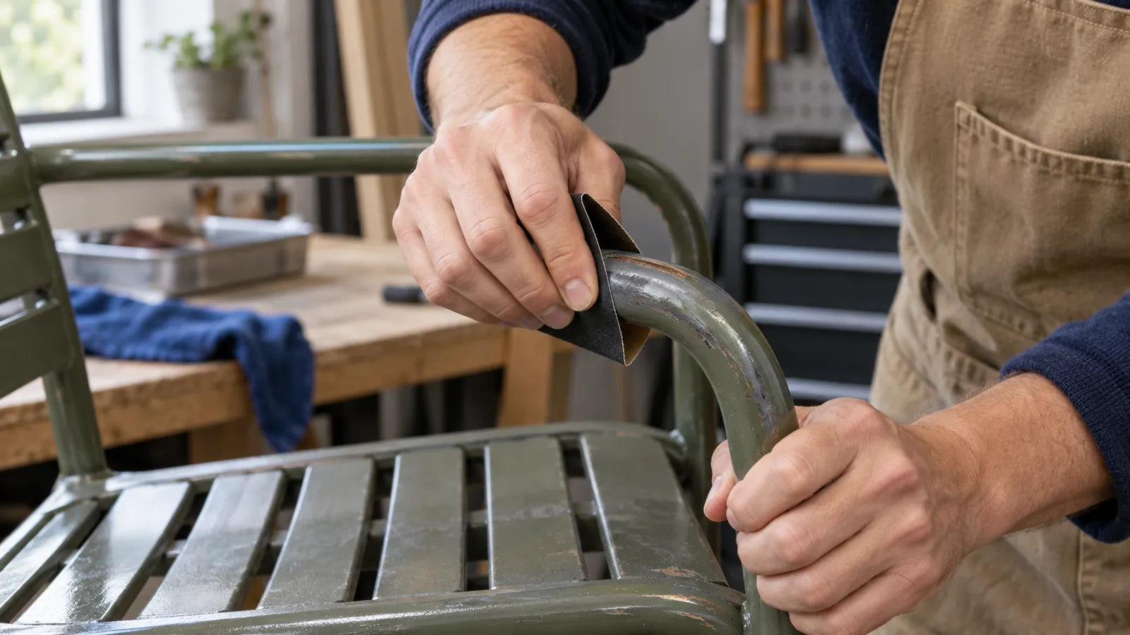 Illustration of hand sanding worn coating on a curved metal chair tube.