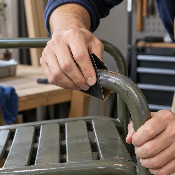 Illustration of hand sanding worn coating on a curved metal chair tube.