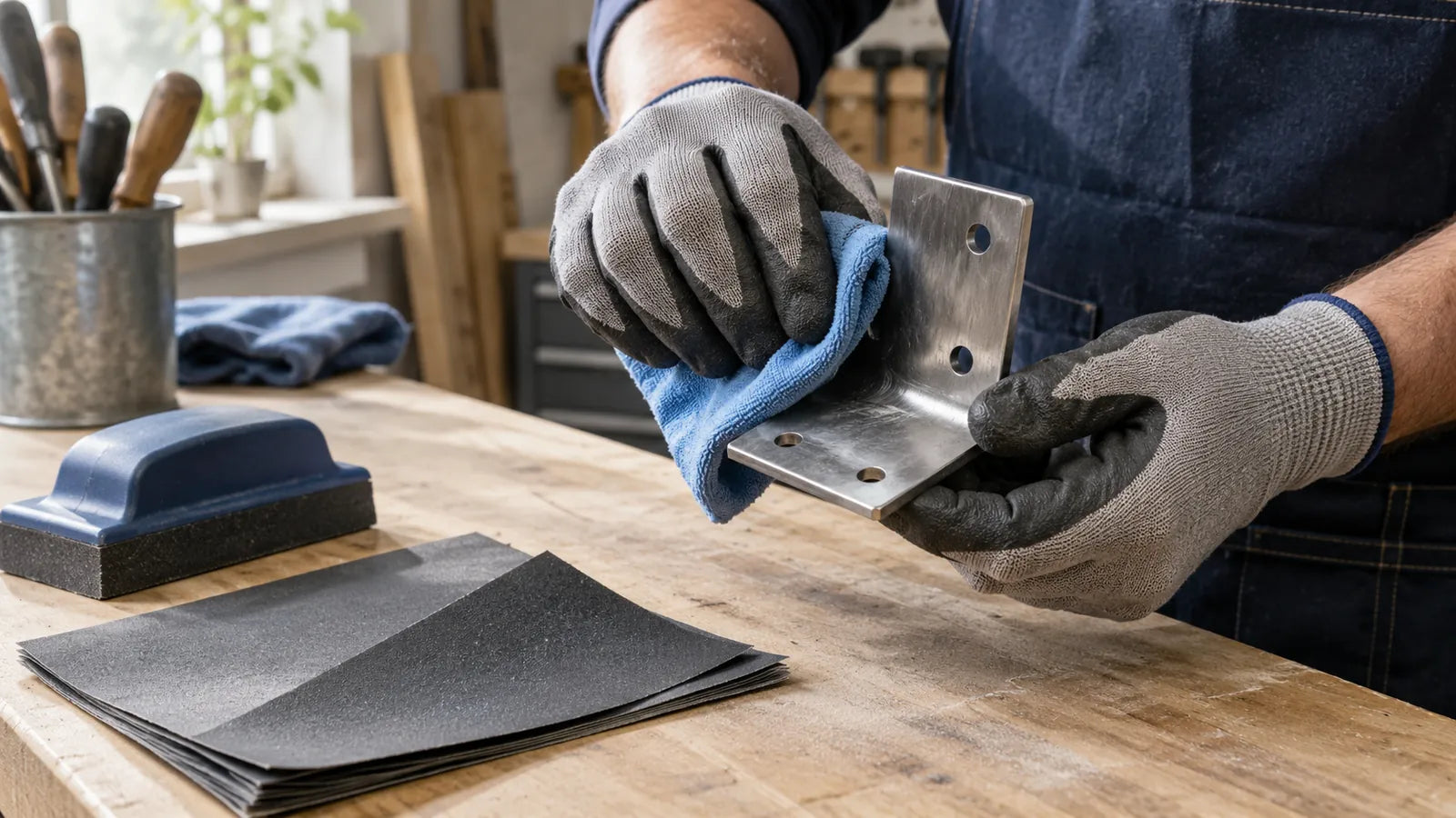 Illustration of gloved hands wiping an L-shaped metal bracket with a blue cloth.