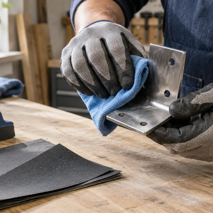 Illustration of gloved hands wiping an L-shaped metal bracket with a blue cloth.