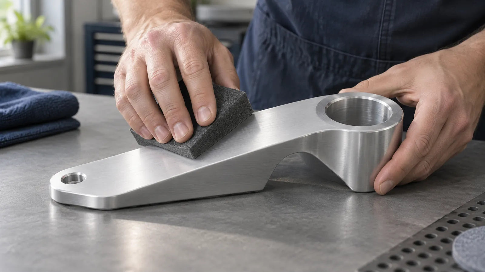 Abrasive block creating restrained linear marks on a silver-colored machined component.