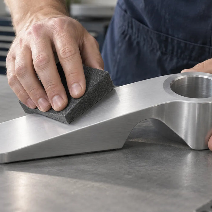 An abrasive block creating restrained linear marks on a silver-colored machined component.