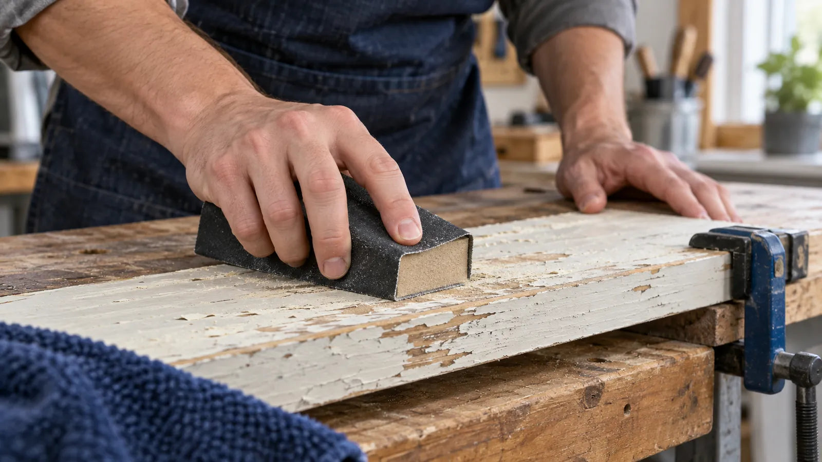 Block sanding flaking paint on a clamped wooden board.