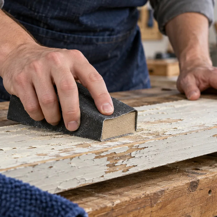 Block sanding flaking paint on a clamped wooden board.