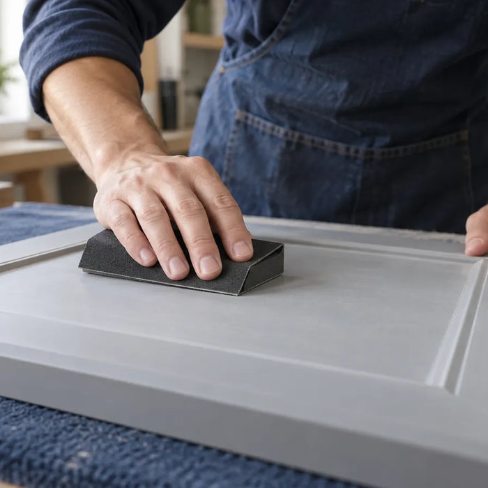 Hand sanding a gray-coated cabinet door panel.