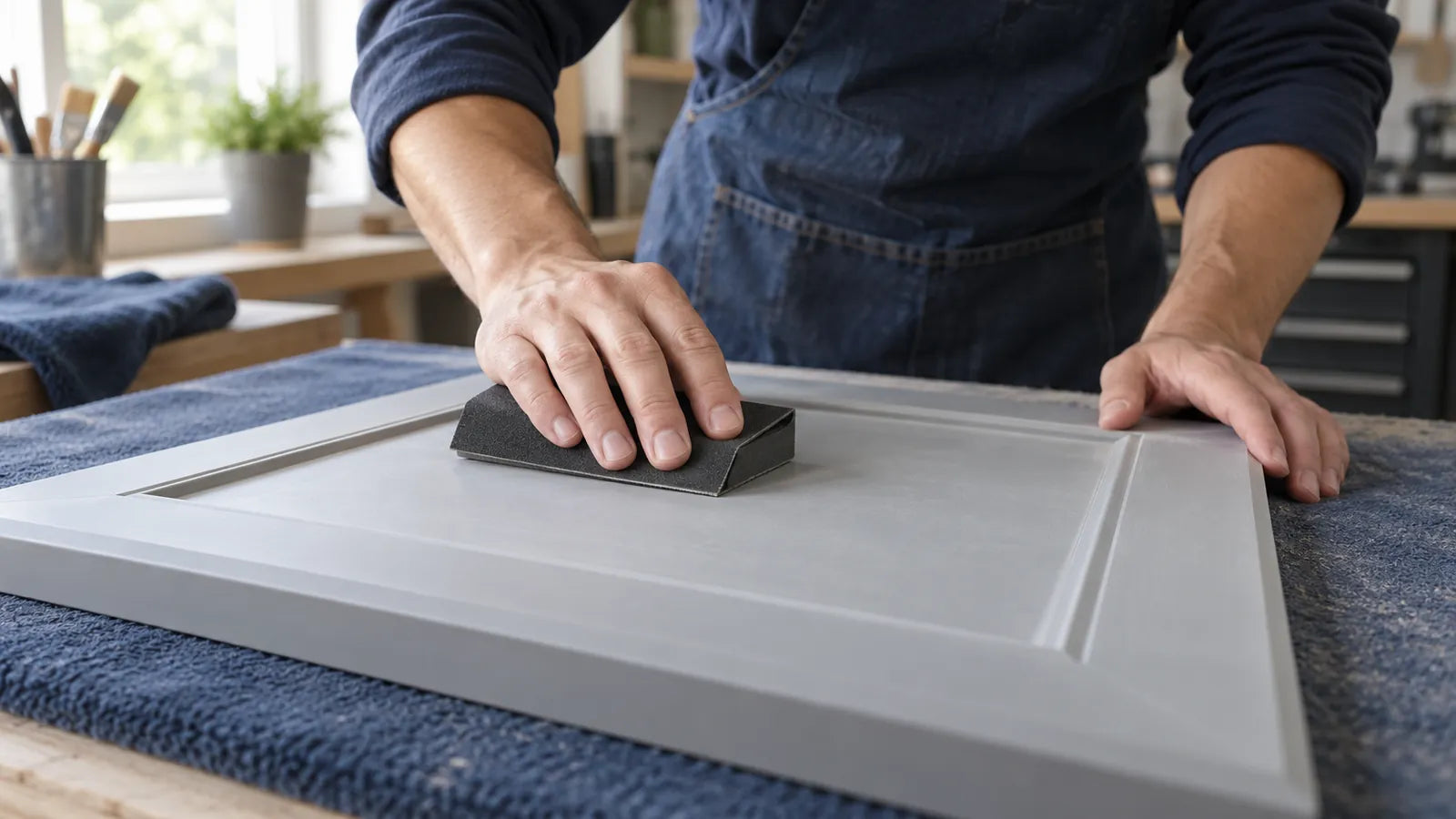 Hands use a flat support to sand the inset center of a gray-coated cabinet door resting on a blue cloth.