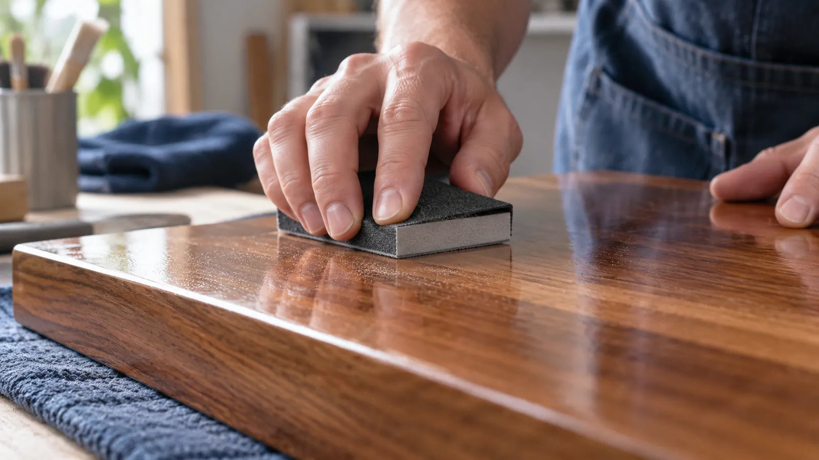 Illustration of a hand sanding a coated wooden sample with a supported abrasive block.