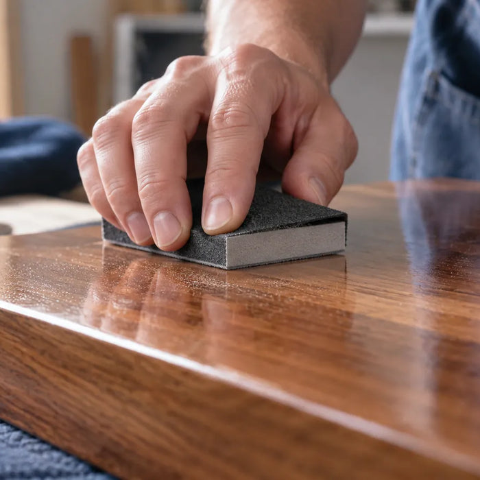 Hand sanding a glossy wooden panel with a rectangular abrasive block.