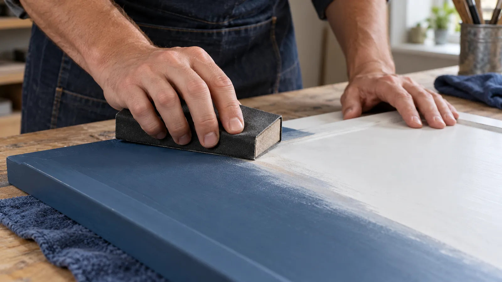 Illustration of hands block sanding a dark blue coated frame beside a pale inset panel.