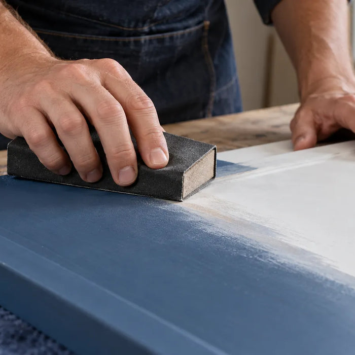 Illustration of hands block sanding a dark blue coated frame beside a pale inset panel.