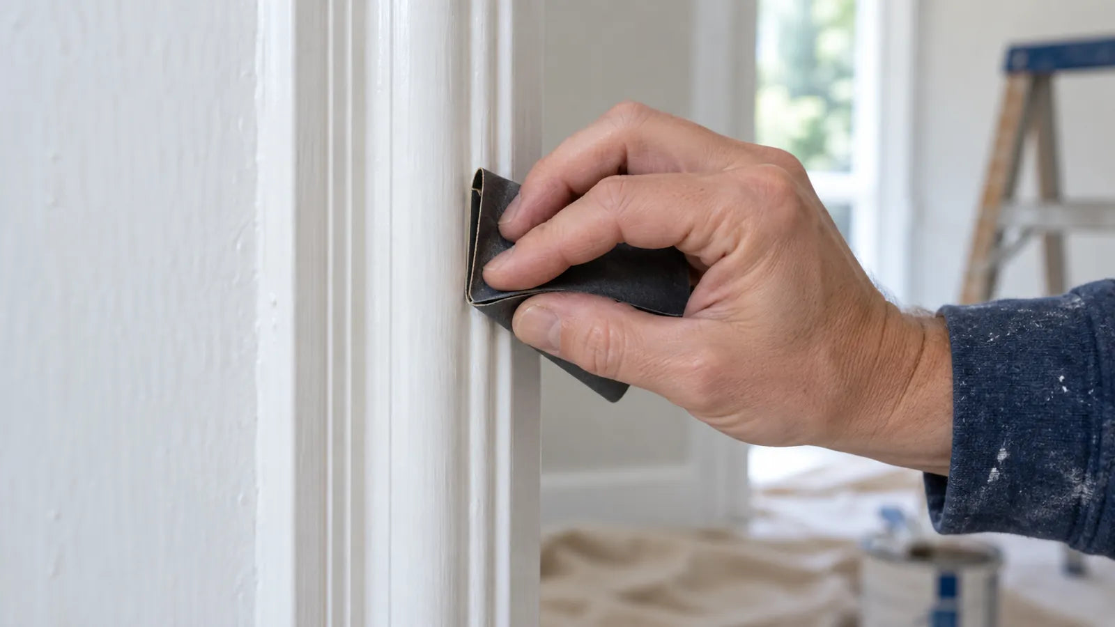 A hand pressing folded abrasive paper into a narrow recessed line beside painted trim.