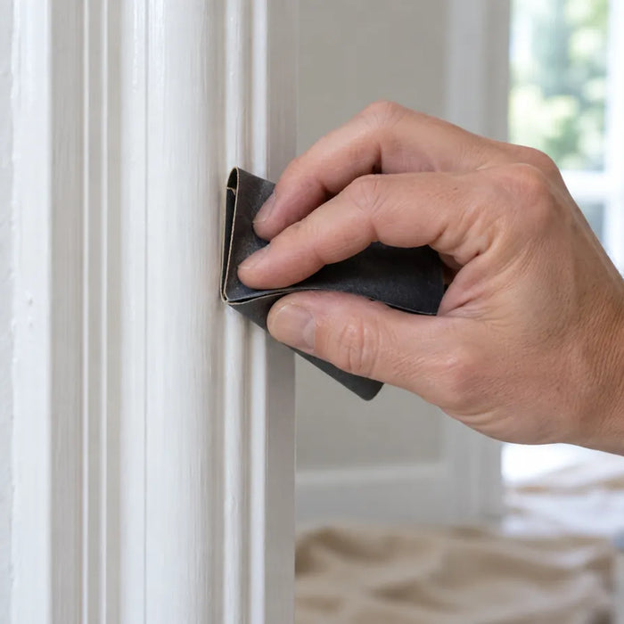 A hand presses folded abrasive paper into a narrow recessed line beside raised painted trim.