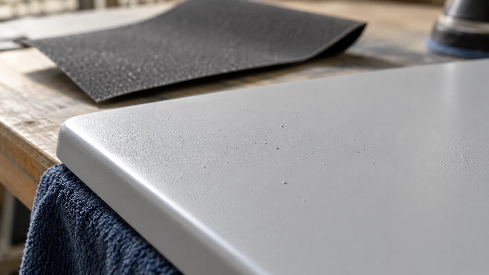 Gray coated sample under side light with pinpoint irregularities and a dark abrasive sheet behind it.