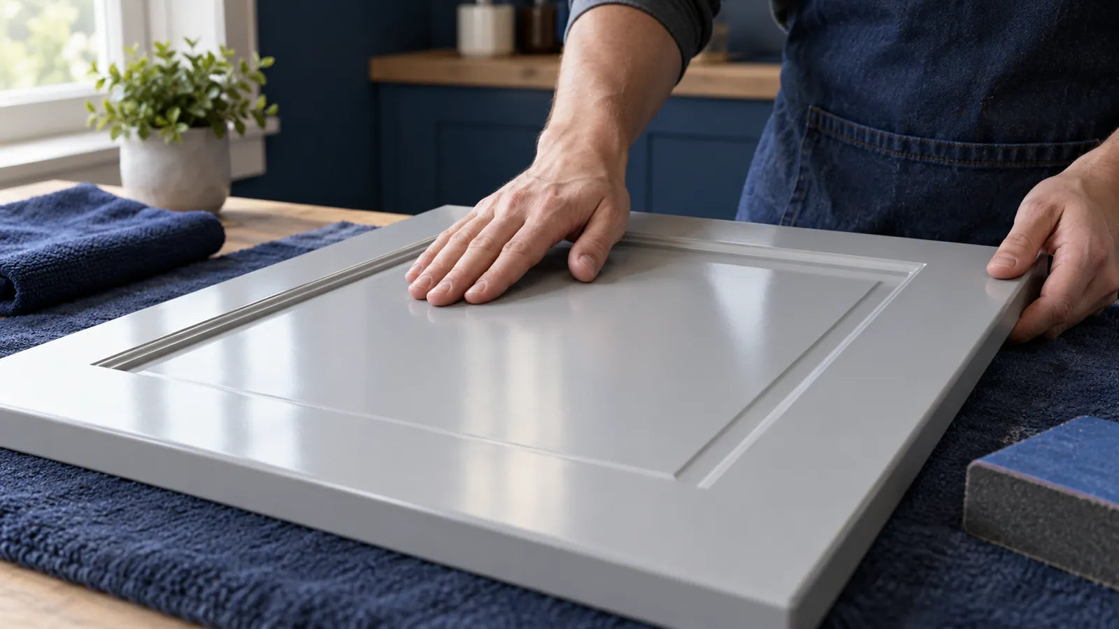 Hands inspecting reflections on a glossy panel while a sanding block rests nearby.