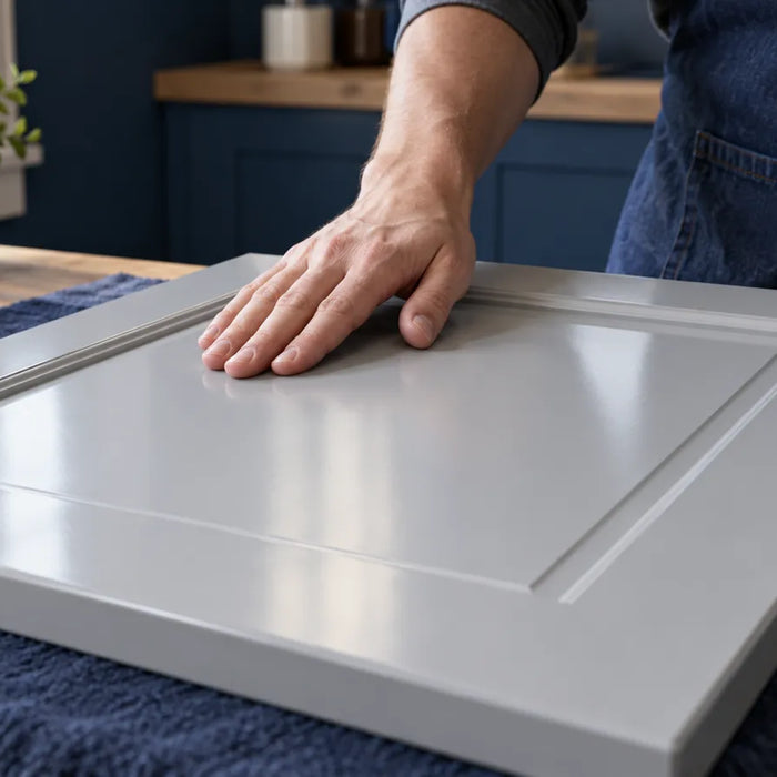 Hands inspect reflections on a glossy inset cabinet panel while a sanding block rests nearby.