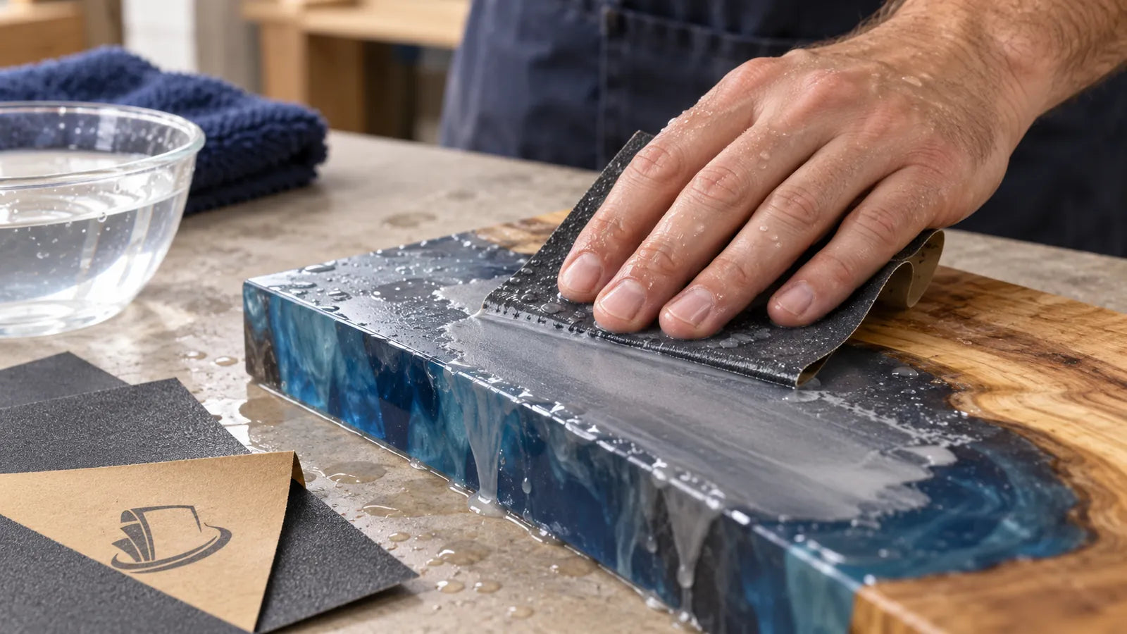 A hand wet-sanding a blue resin-and-wood panel with pale slurry on its face.