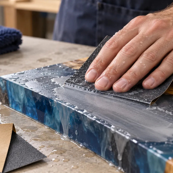 A wet hand uses folded dark abrasive paper on a blue resin-and-wood panel.