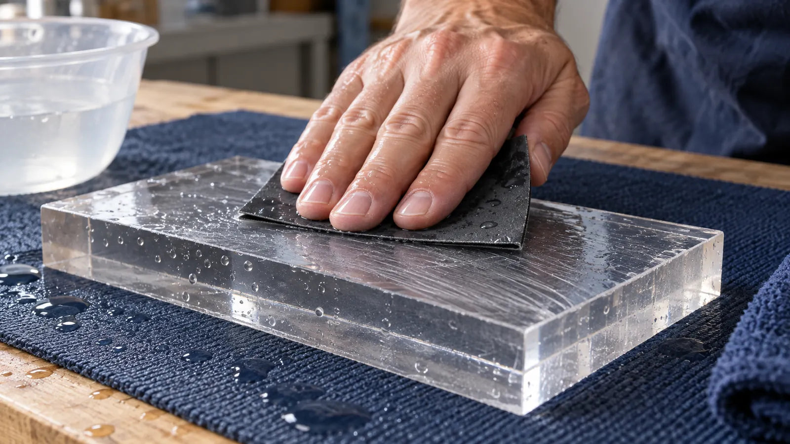 Illustration of a wet hand sanding the upper face of a thick transparent sample with folded abrasive paper.