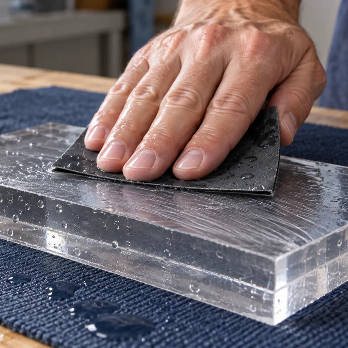 Illustration of a hand wet sanding the upper face of a transparent rectangular sample on a blue cloth.