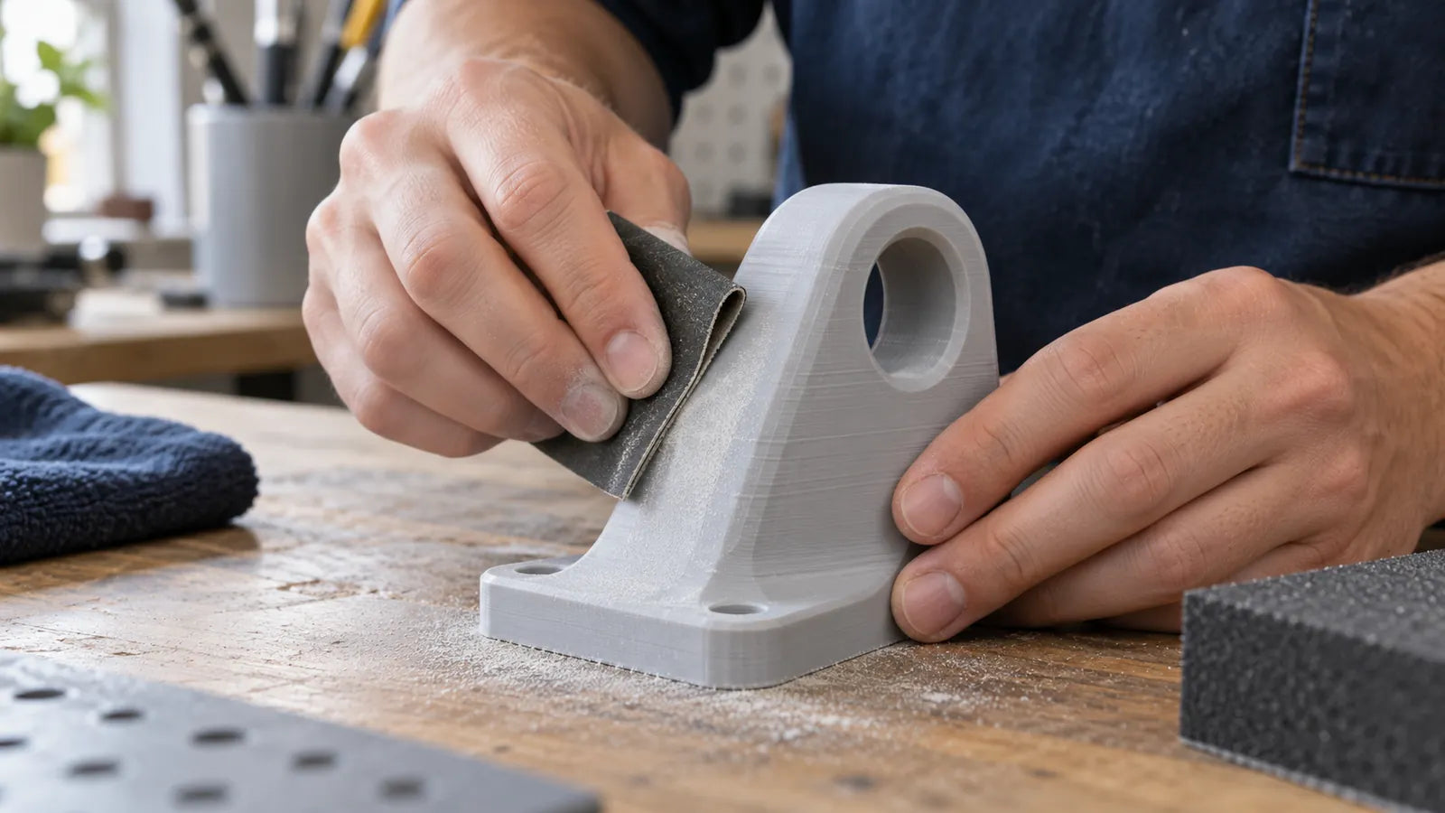 Illustration of hand sanding a printed bracket; the printing process is not identified.