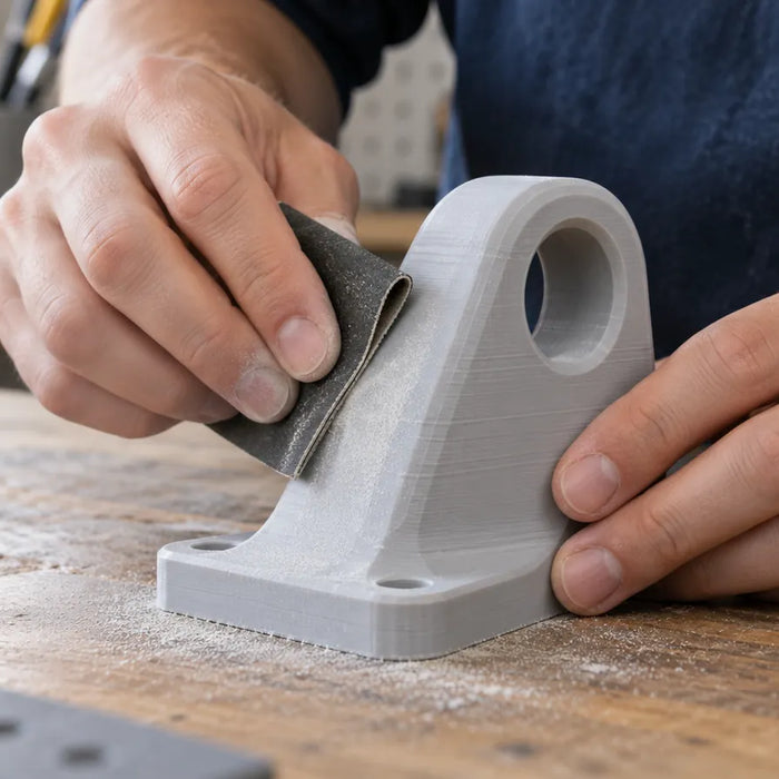 Illustration of hand sanding a printed bracket; the printing process is not identified.