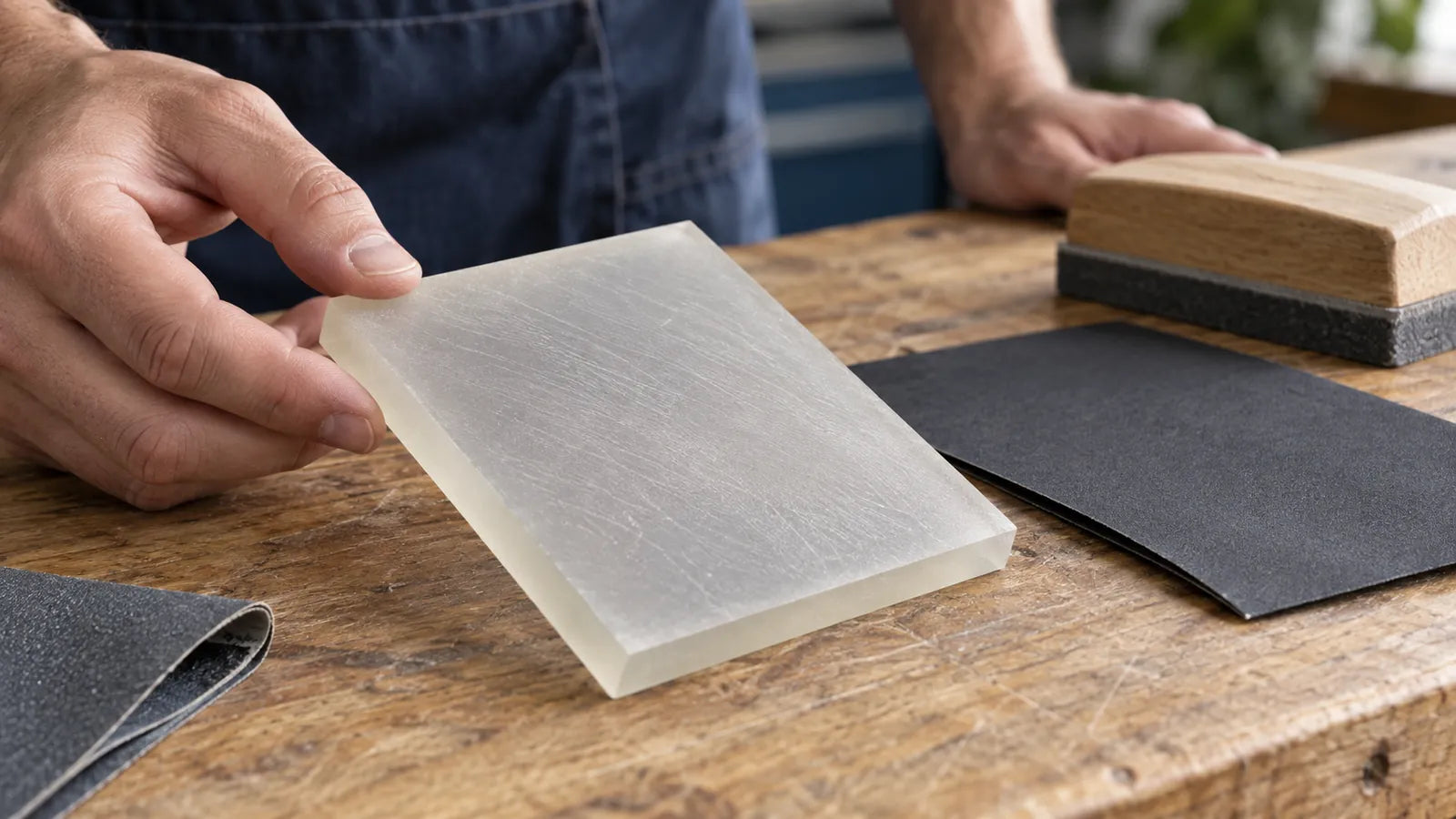 A hand tilting a translucent sample under oblique light to reveal fine lines.