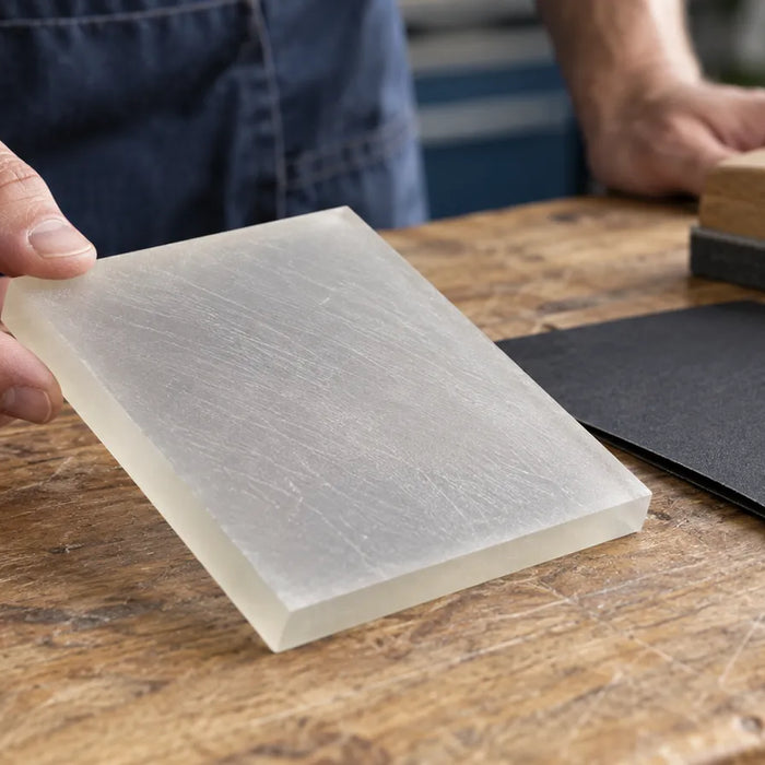 Hand inspecting fine crossing scratches on a translucent sample under oblique light.