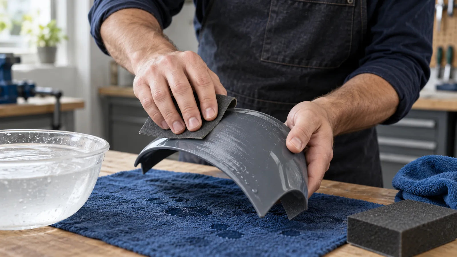 Illustration of hands wet sanding a curved gray plastic piece above a blue cloth.