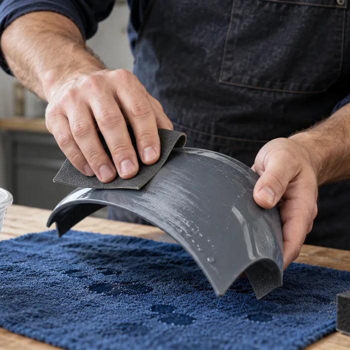 Illustration of hands wet sanding a curved gray plastic piece above a blue cloth.