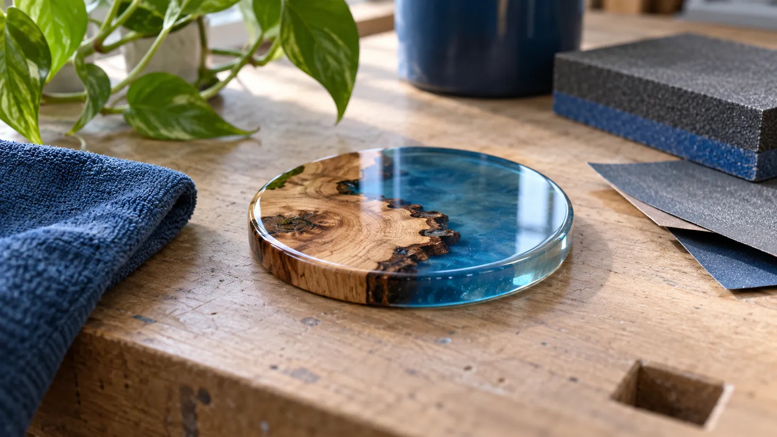 Illustration of a glossy blue resin-and-wood coaster with abrasive sheets resting nearby.