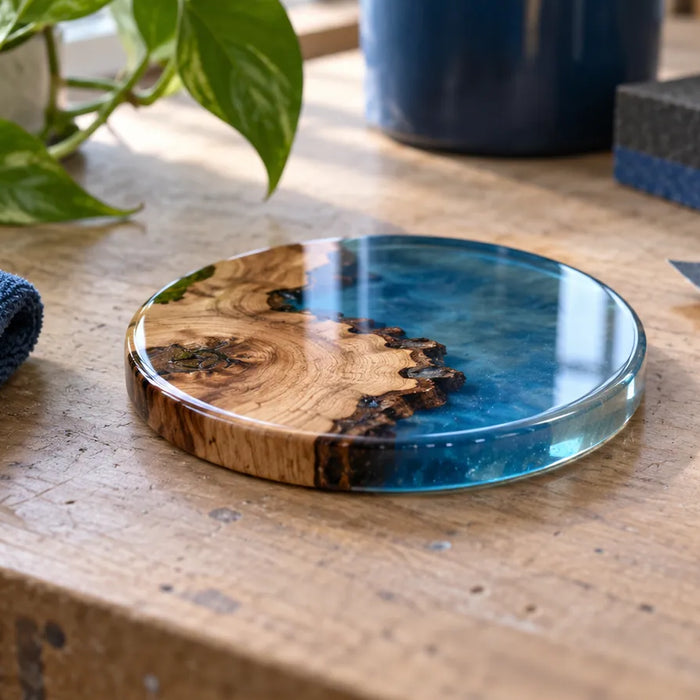 Illustration of a glossy blue resin-and-wood coaster with abrasive sheets resting nearby.