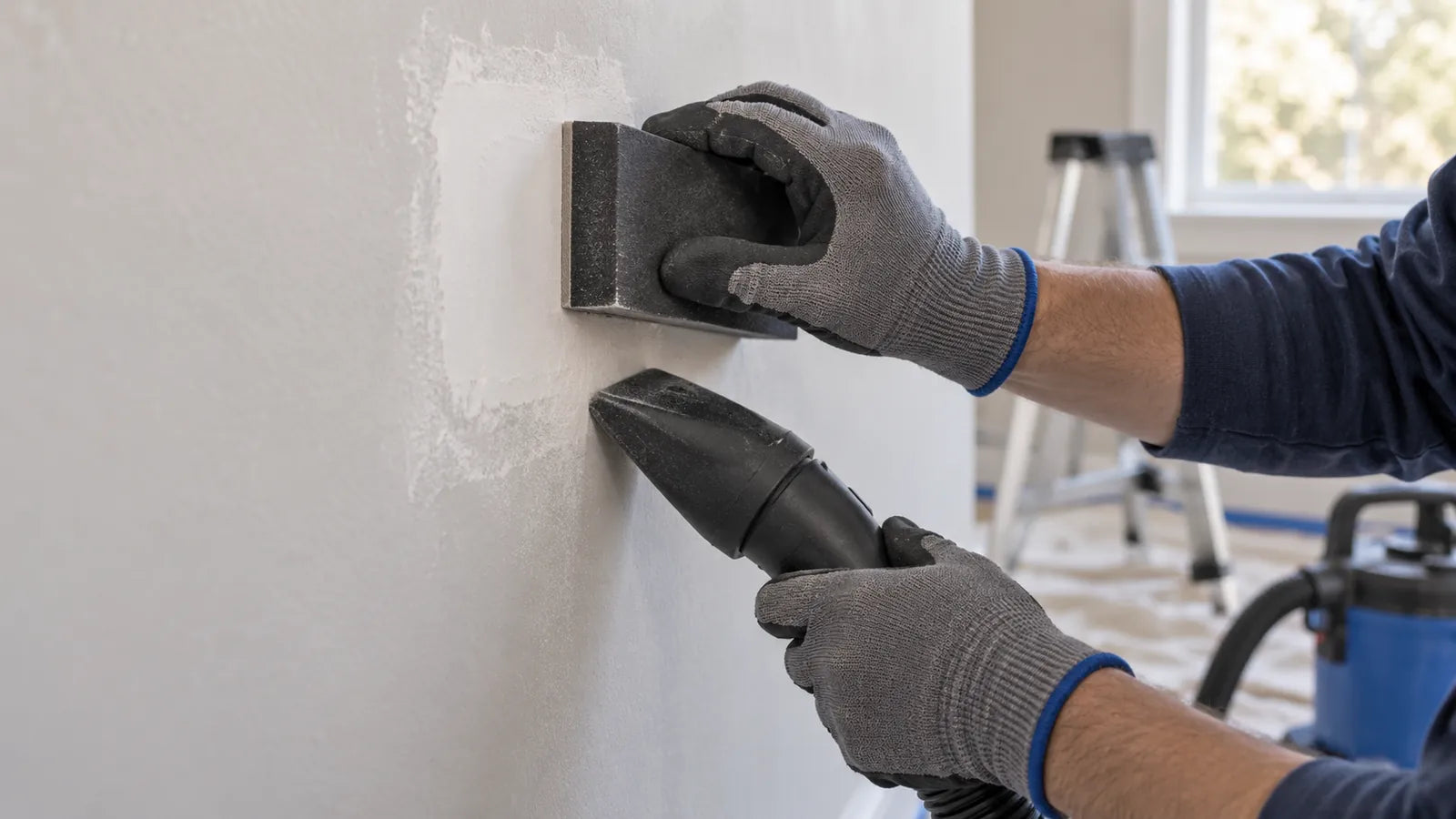 Illustration of gloved hands sanding a pale wall patch with a rectangular block and a vacuum nozzle below.