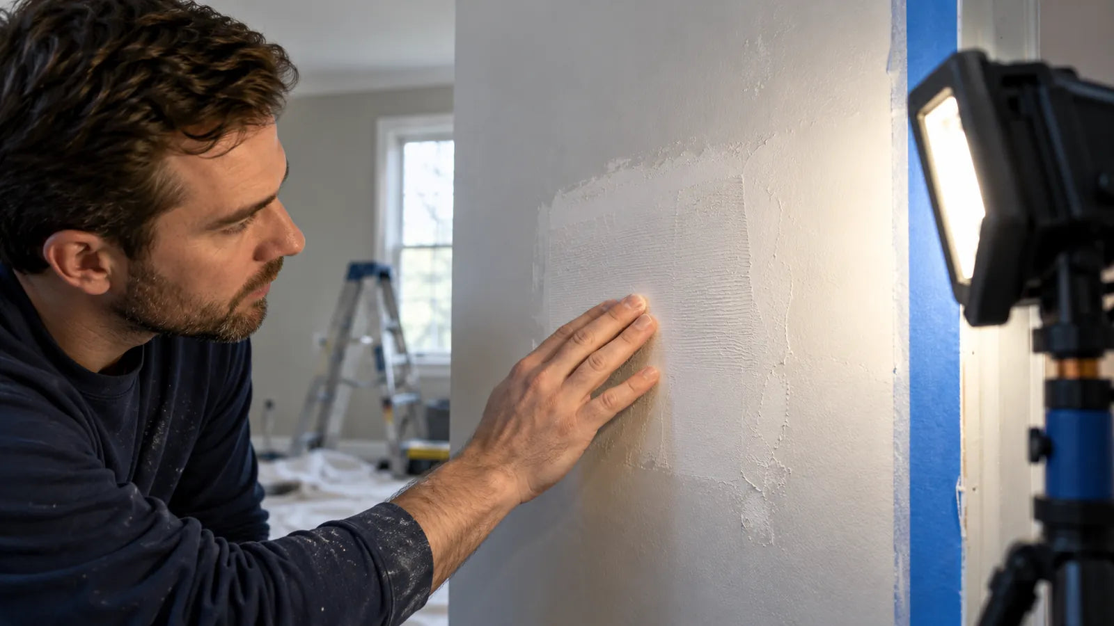 Illustration of a work lamp revealing ridges on a wall patch during inspection.
