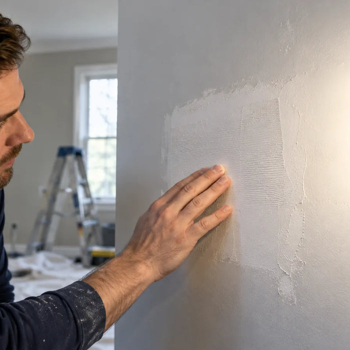 Illustration of a craftsperson inspecting a wall repair patch beside a side light.