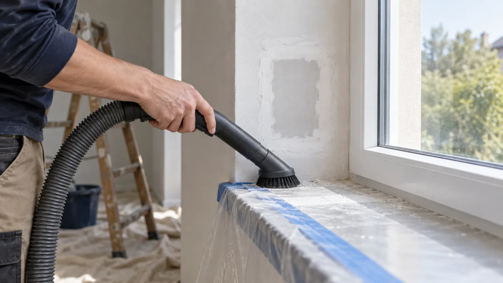 Vacuum brush collecting settled dust from a protected sill below a patched wall.
