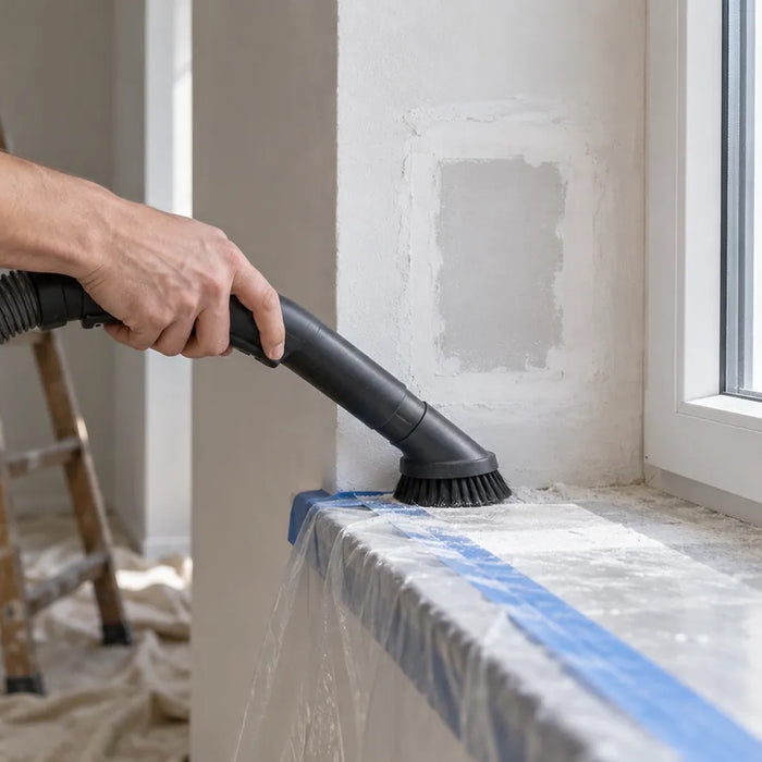 Illustration of dust cleanup on a protected windowsill beside a wall repair.