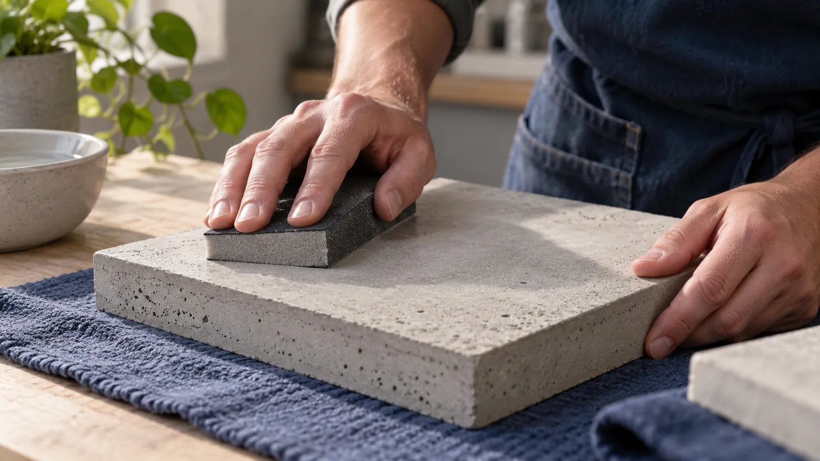 Hand sanding a small porous mineral sample; it does not identify fiber-cement board or full dust control.