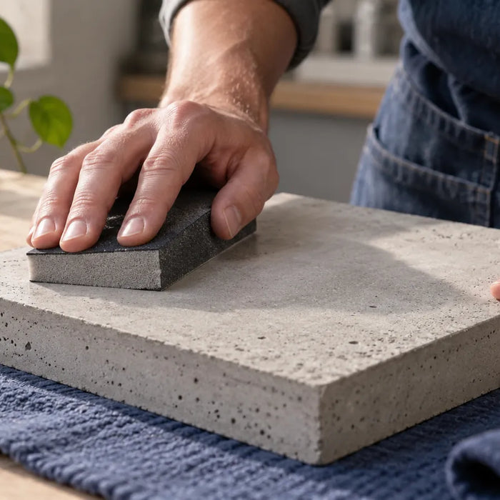 Hands holding an abrasive block on a small gray porous mineral sample beside a water bowl.