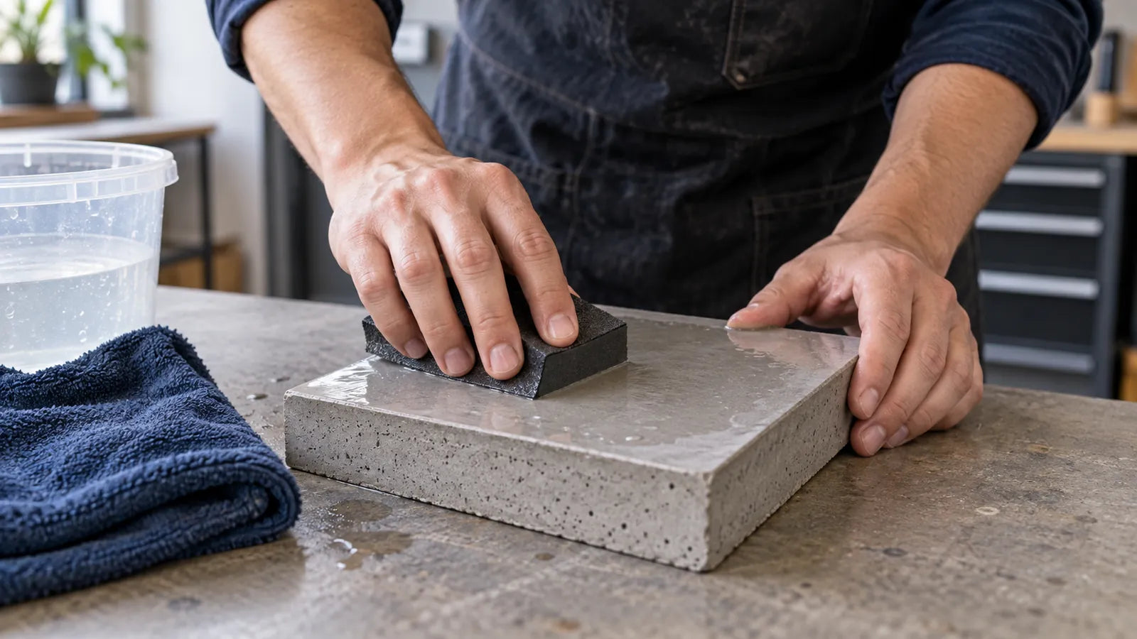 Wet block sanding on a small porous mineral sample; coating chemistry and concrete profile are not identified.