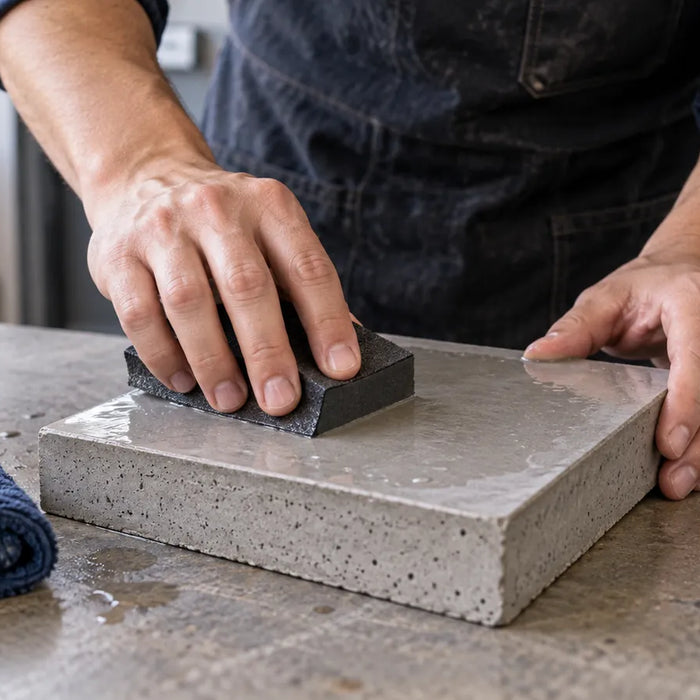 Wet block sanding on a small porous mineral sample; coating chemistry and concrete profile are not identified.