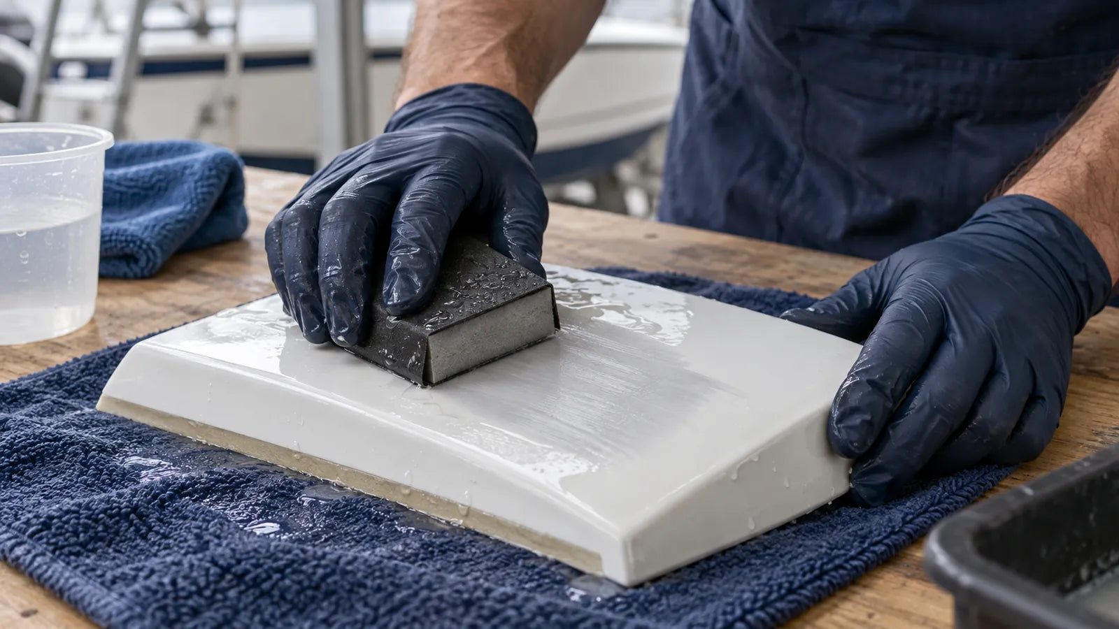 Gloved hands wet sand a white coated sample with a rectangular abrasive block.