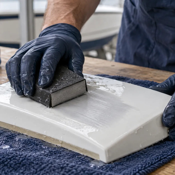 Gloved hands wet-sand a glossy white curved composite sample with a rectangular block.