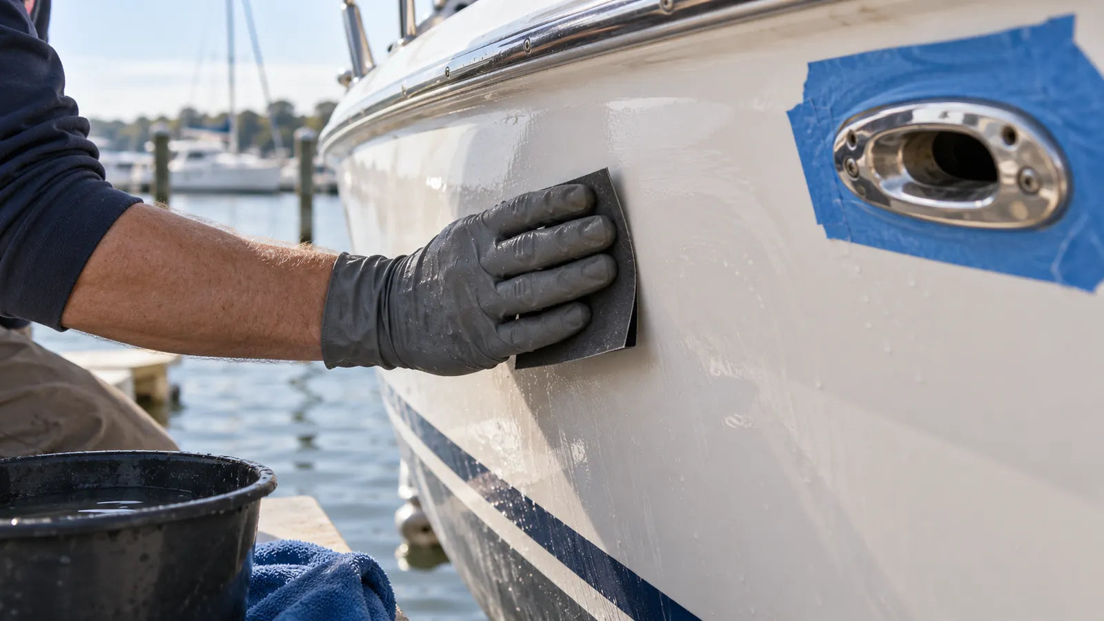 A gloved hand uses a flexible dark abrasive sheet on a curved white boat hull near masked hardware.