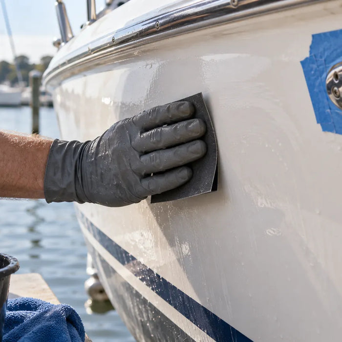 A gloved hand uses a flexible dark abrasive sheet on a curved white boat hull near masked hardware.