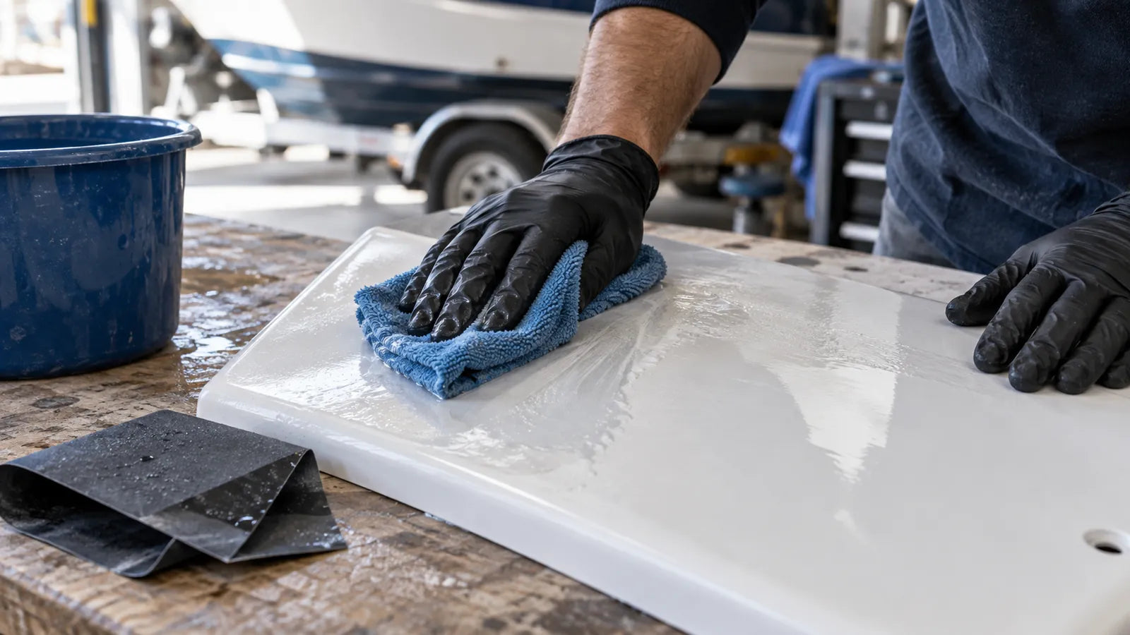Illustration of gloved hands wiping a white marine panel with a blue cloth; abrasive sheets rest nearby.