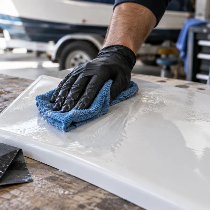 Illustration of gloved hands wiping a white marine panel with a blue cloth; abrasive sheets rest nearby.