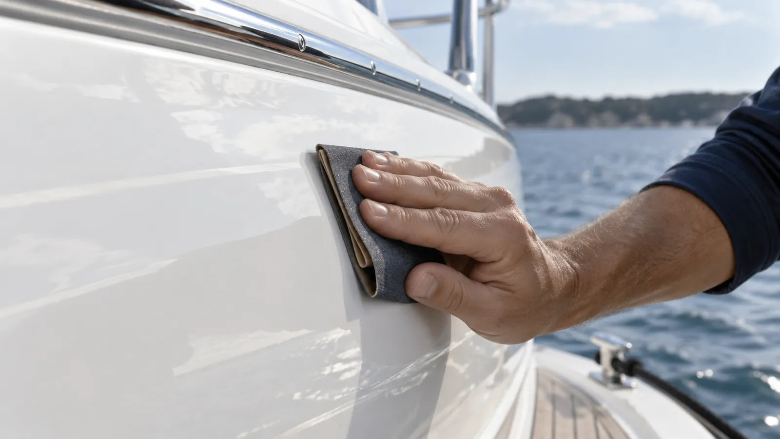 Folded abrasive paper working on a glossy white marine hull beside the water.