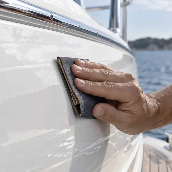 Glossy curved marine finish reflecting light with abrasives resting nearby.
